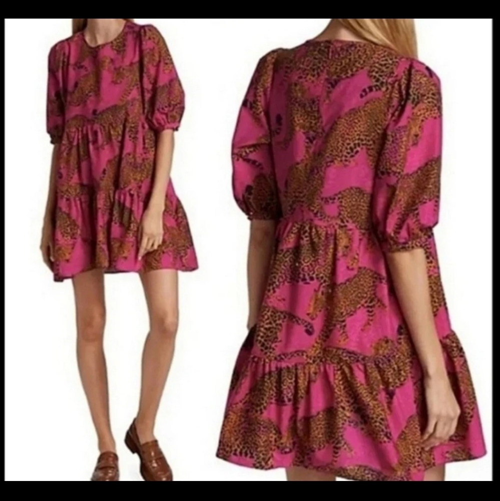 FARM Rio Fuchsia Pink Leopard-Print Tiered Mini Dress